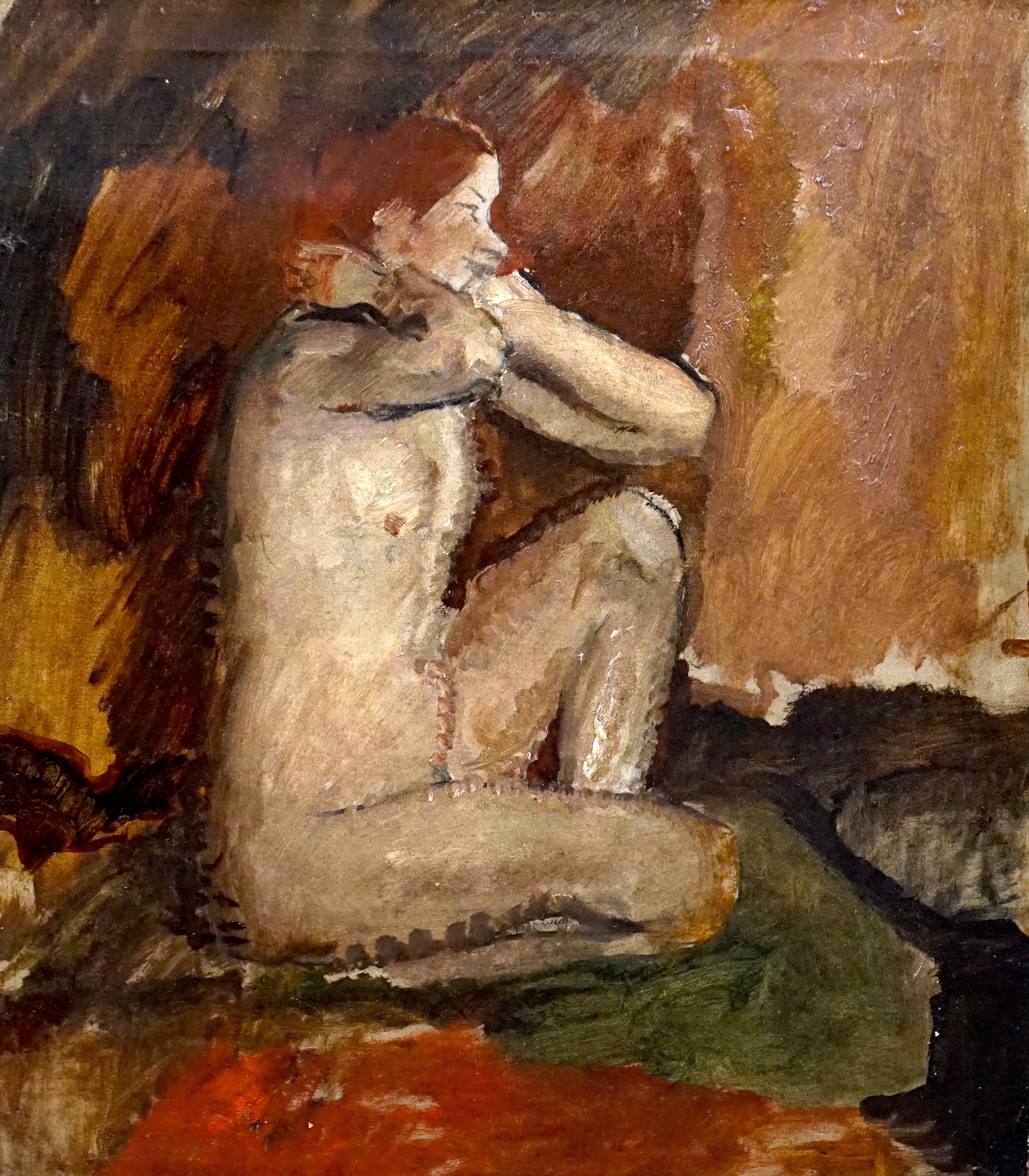 Dame Ethel Walker (1861-1951), oil on canvas, Crouching nude, inscribed verso, ex Collection Roger Shantz, 61 x 51.5cm